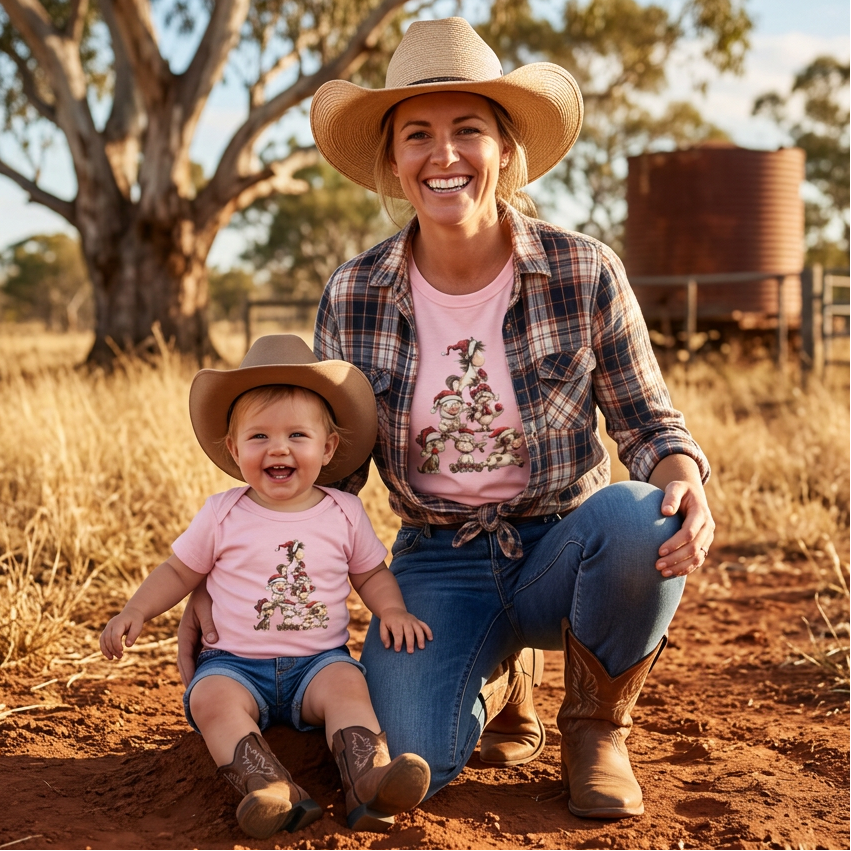 A light pink short-sleeve baby t-shirt with a central graphic of stacked cartoon animals wearing Santa hats, displayed flat against a white background.