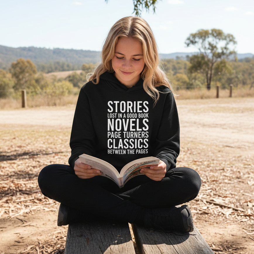 Blue t-shirt with stacked reading words including Stories, Novels, Page Turners and Classics.