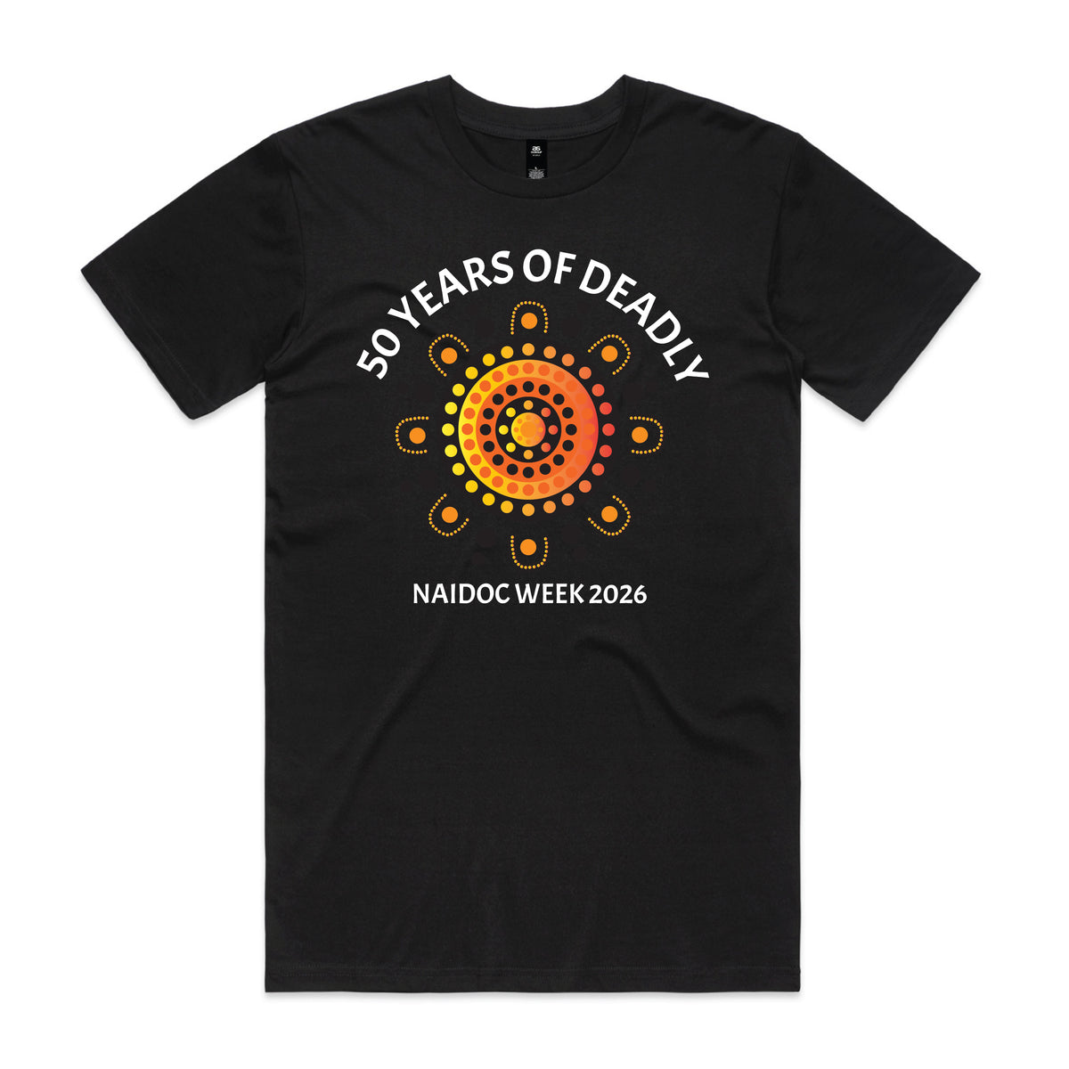 Black t-shirt with warm orange and yellow sunburst dot art design and 50 Years of Deadly NAIDOC Week 2026 text