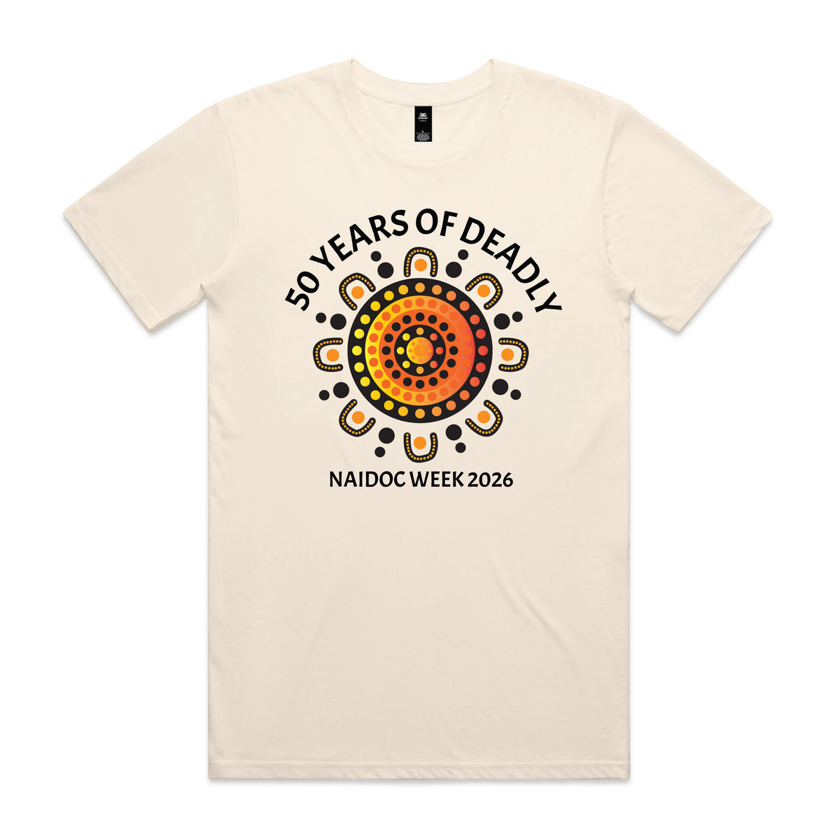 Ecru t-shirt with warm orange and yellow sunburst dot art design and 50 Years of Deadly NAIDOC Week 2026 text