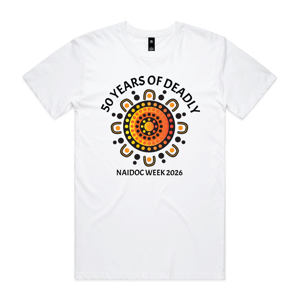 White t-shirt with warm orange and yellow sunburst dot art design and 50 Years of Deadly NAIDOC Week 2026 text