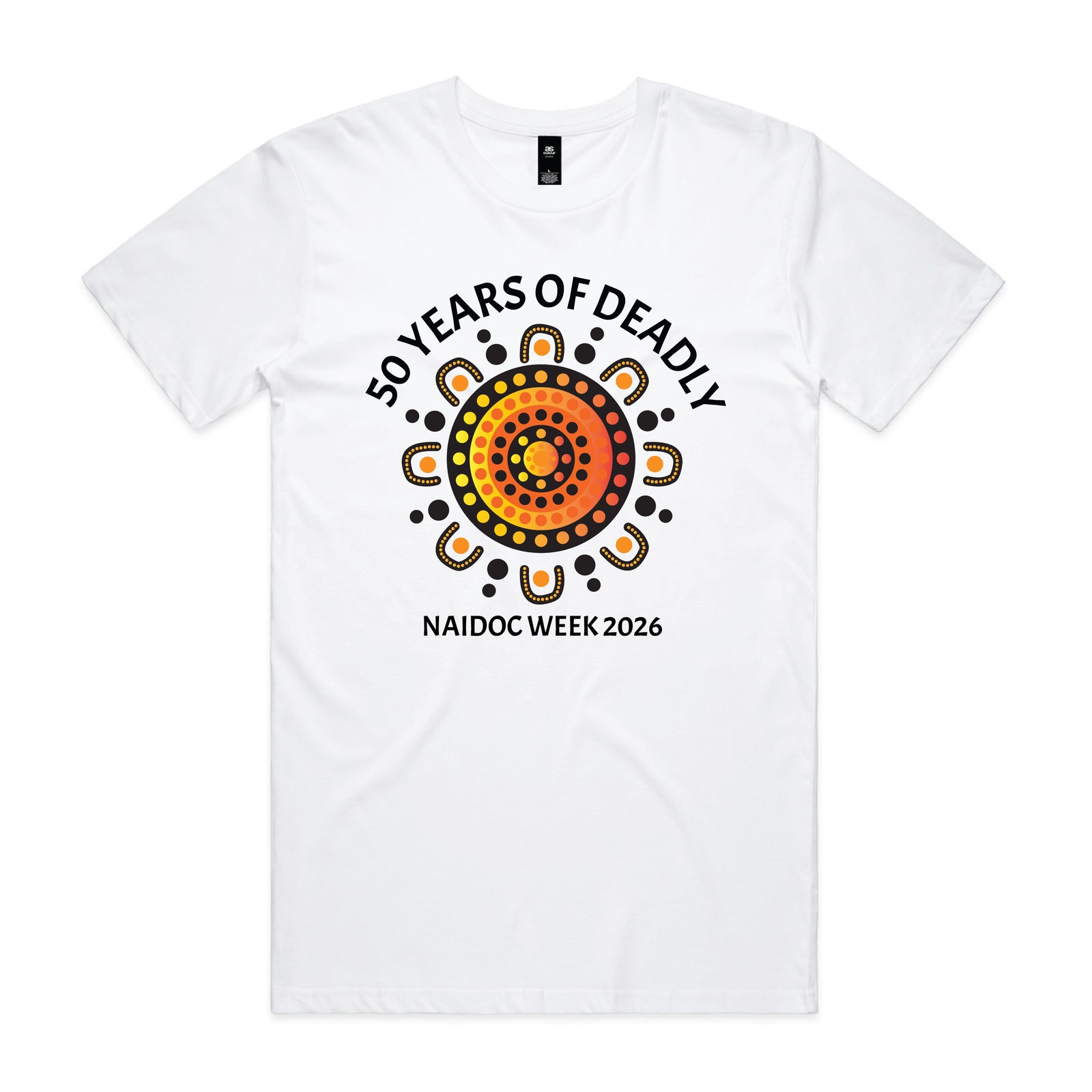 White t-shirt with warm orange and yellow sunburst dot art design and 50 Years of Deadly NAIDOC Week 2026 text