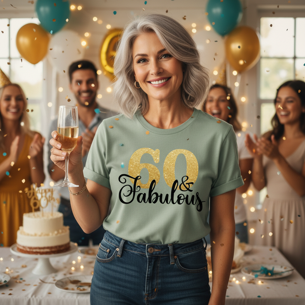 60 and Fabulous birthday shirt, women’s 60th birthday t-shirt, gold glitter 60 graphic tee, sage green shirt, birthday party outfit

