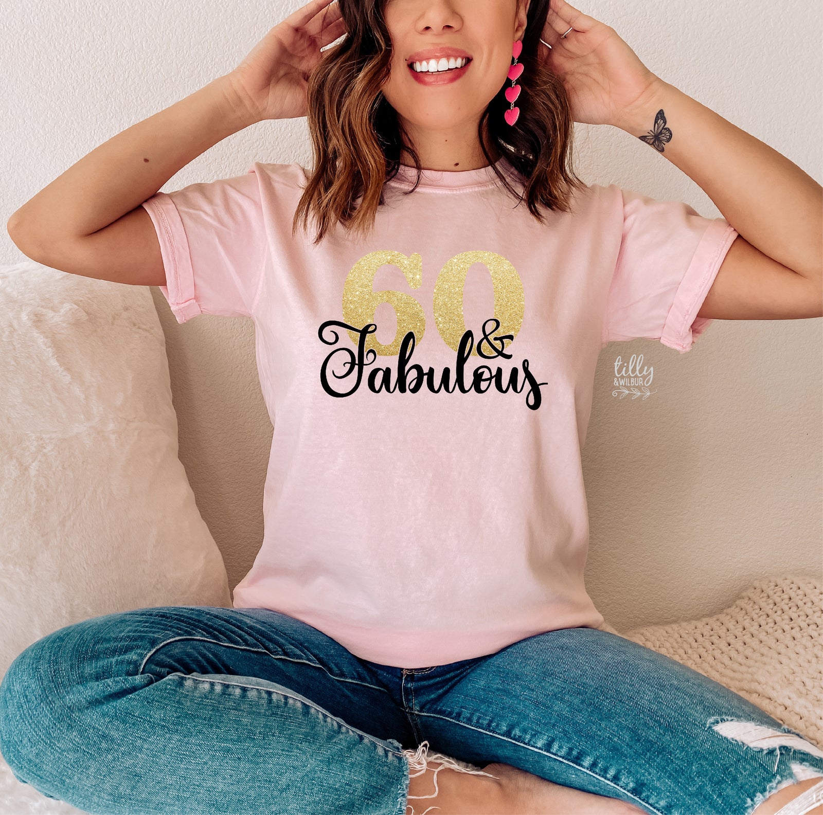 60 and Fabulous Shirt | 60th Birthday T-Shirt for Women | Gold Glitter 60 Tee | Sixtieth Birthday Party Outfit