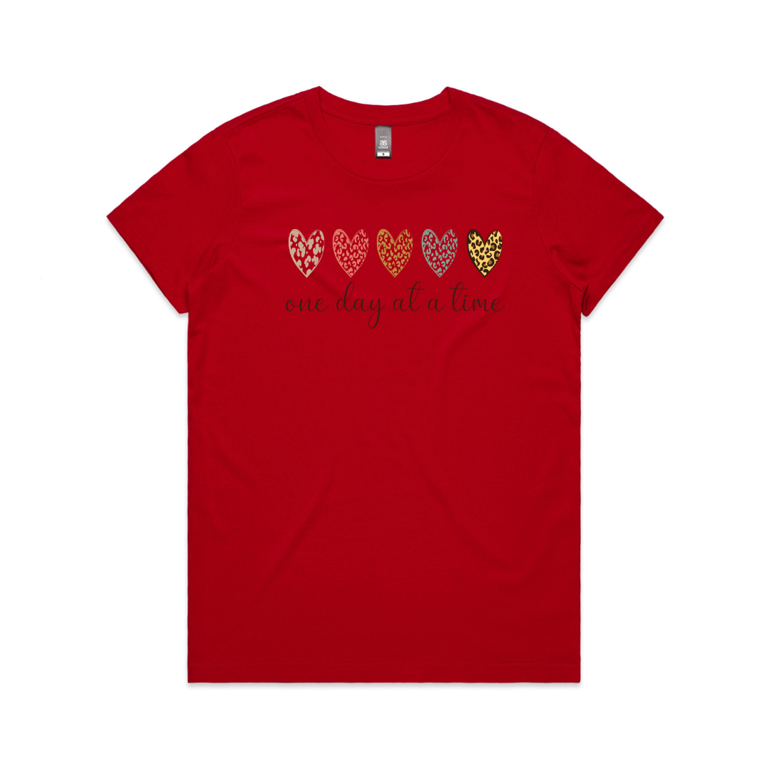 One Day At A Time T-Shirt – Leopard Print Hearts Tee