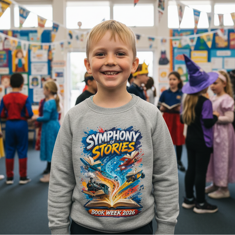 Grey kids sweatshirt with a bold Symphony of Stories design of an exploding open book and race car for Book Week 2026.