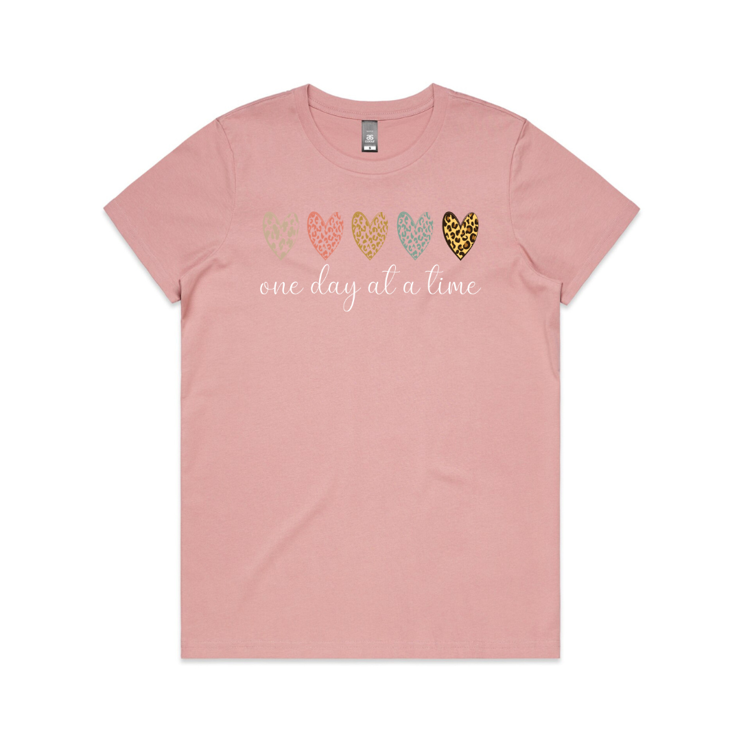 One Day At A Time T-Shirt – Leopard Print Hearts Tee