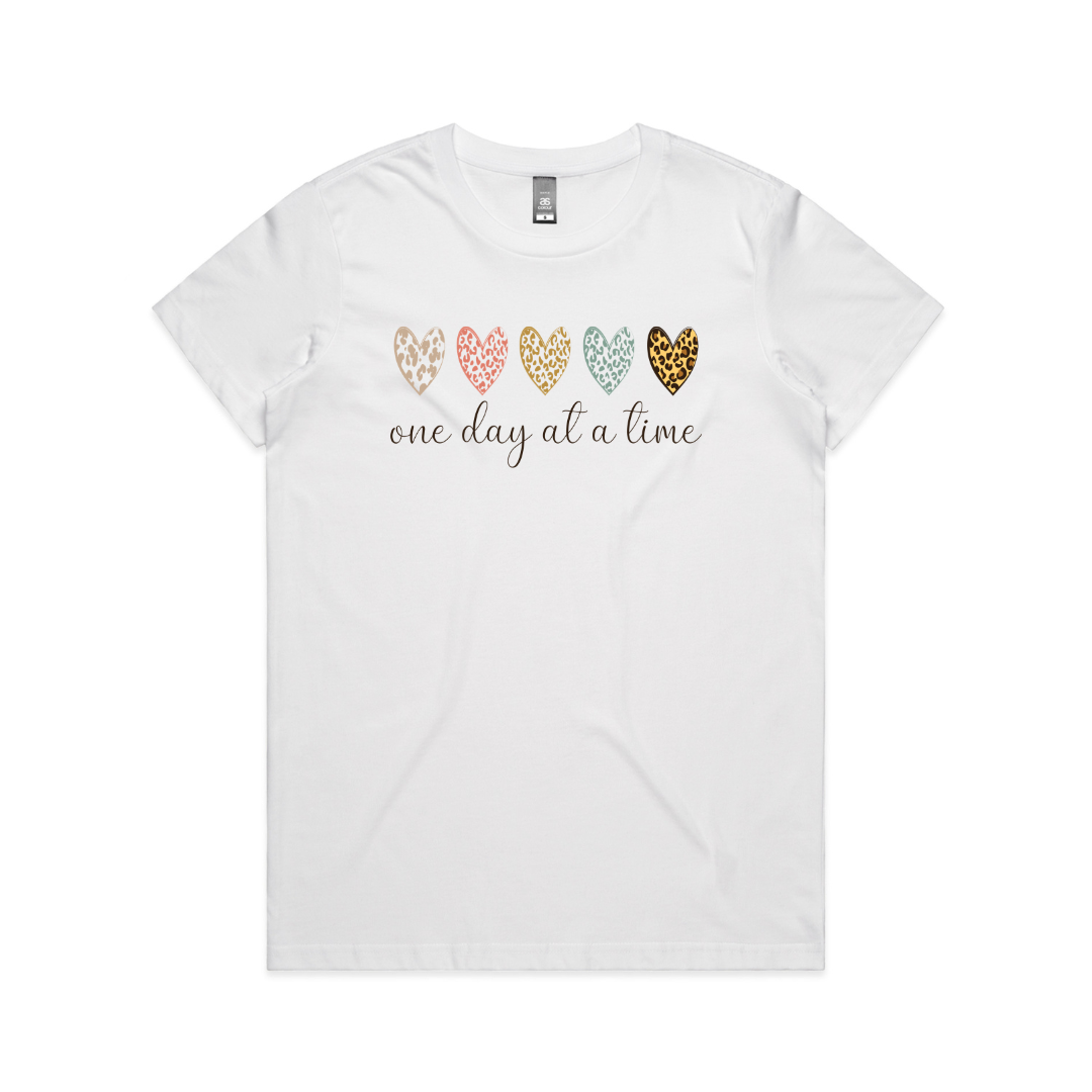 One Day At A Time T-Shirt – Leopard Print Hearts Tee