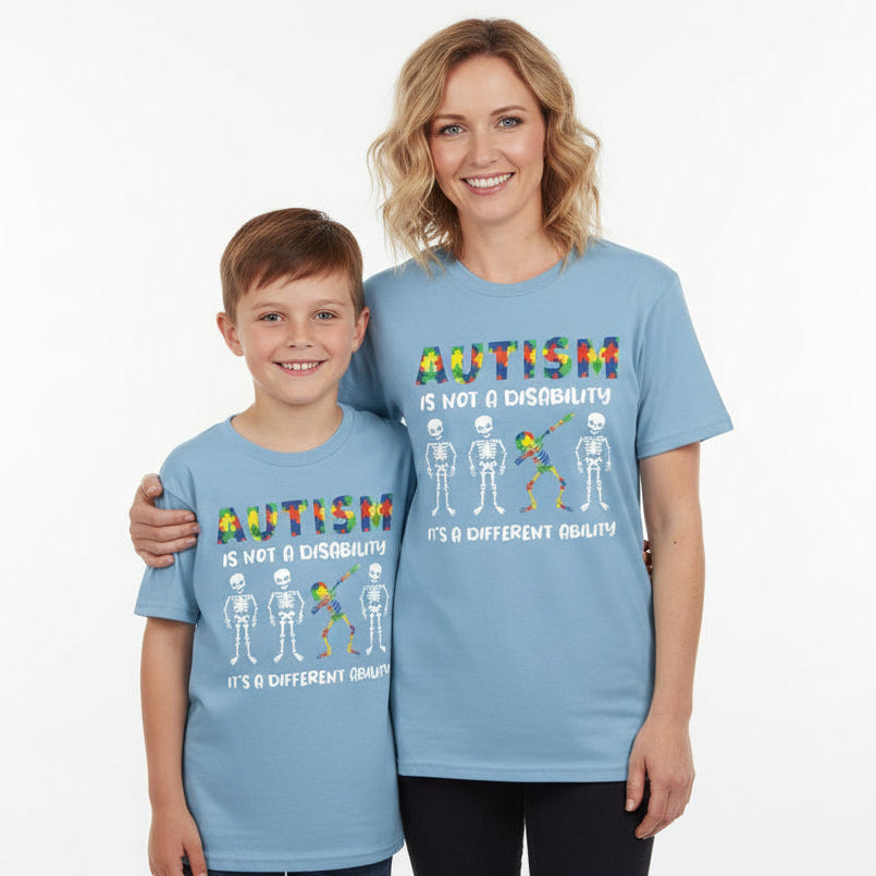 Autism awareness t-shirt Australia autism is not a disability different ability skeleton design matching family shirts blue tee