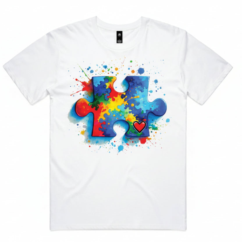 Autism Awareness Shirt Australia | Colourful Puzzle Piece Tee | Paint Splash Heart Design | Neurodiversity Support | All Sizes