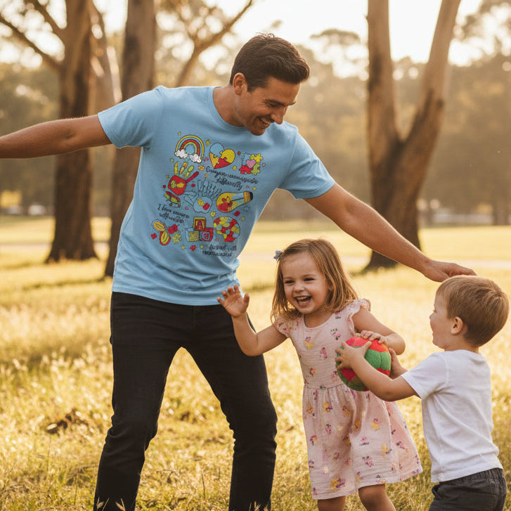 Autism awareness t-shirt Australia everyone communicates differently colourful icons design neurodiversity shirt blue tee