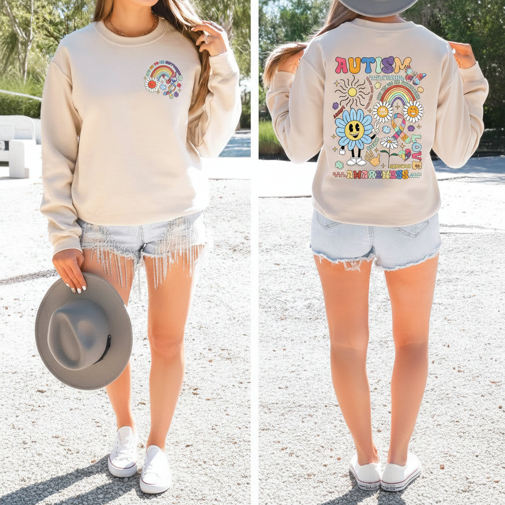 Autism awareness sweatshirt Australia retro rainbow smiley flower puzzle design front and back print beige jumper