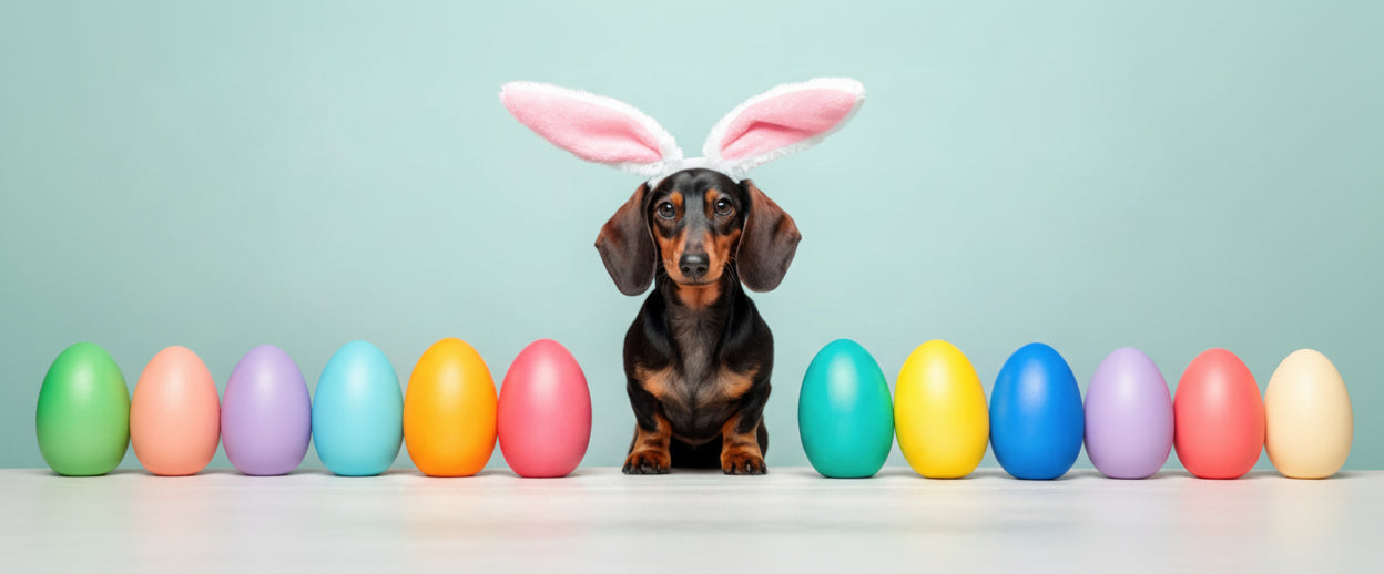 Dog wearing bunny ears with colorful Easter eggs on a light blue background