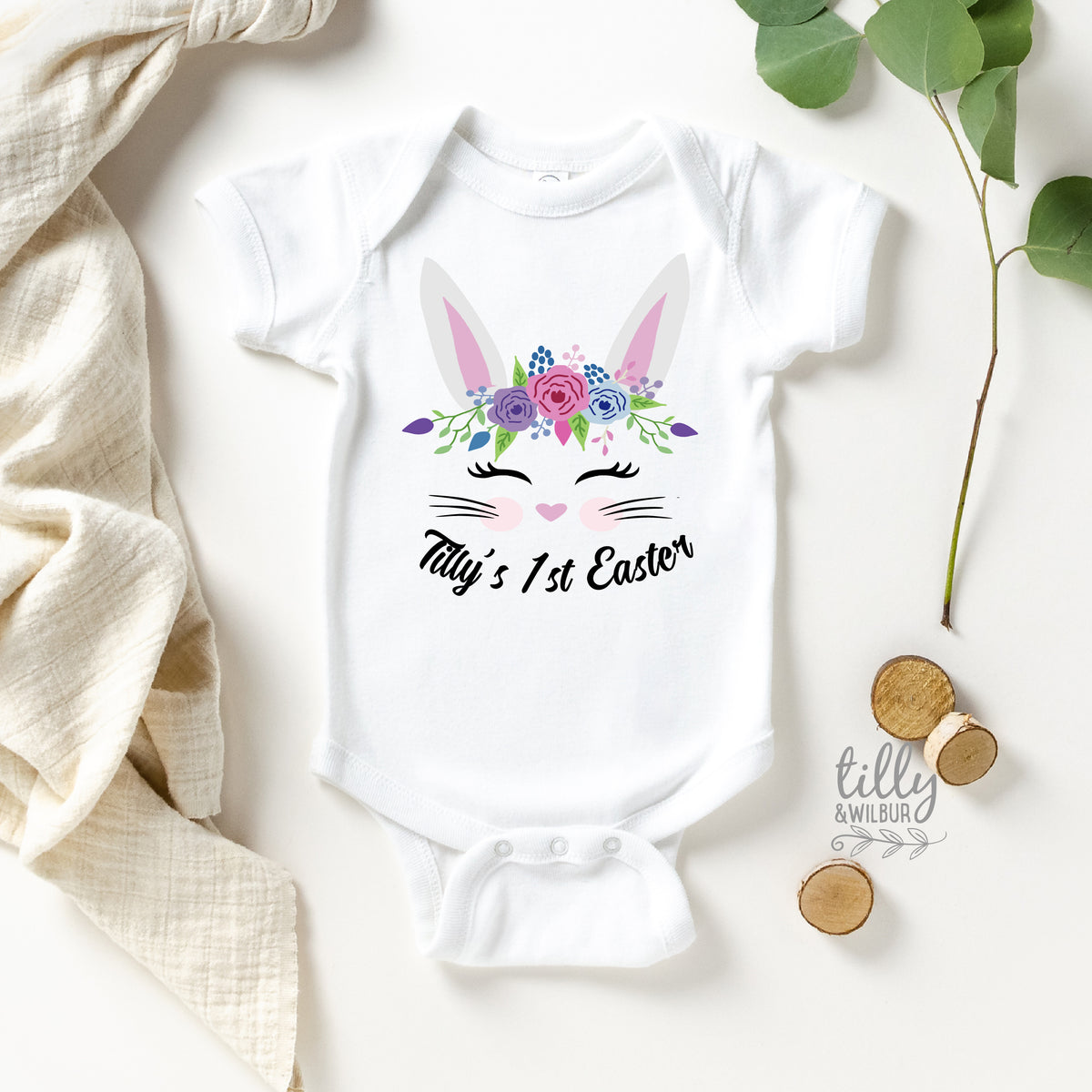 Personalised First Easter Baby Bodysuit | Floral Bunny Easter Outfit | Custom Name Baby Shirt