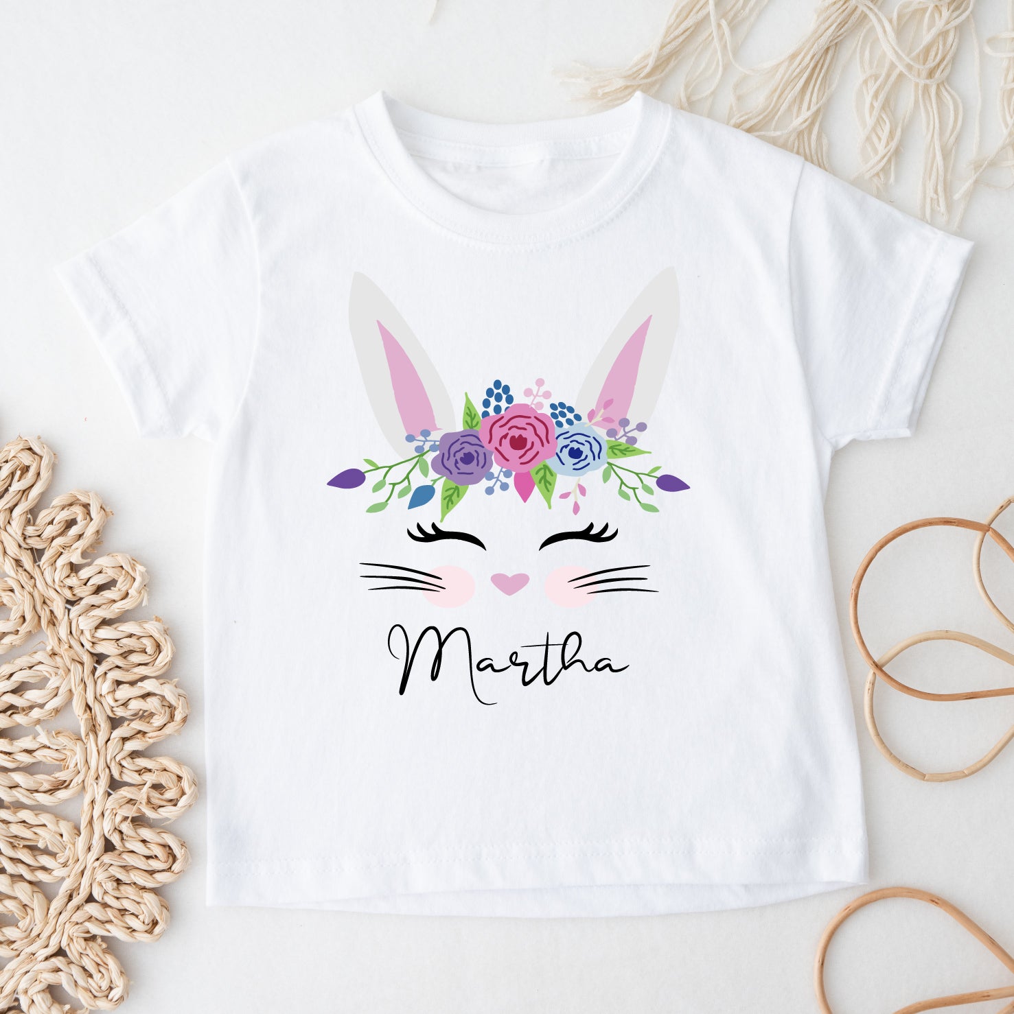 Personalised Floral Bunny Easter Shirt | Custom Name Girls Easter T-Shirt | Bunny Face Outfit
