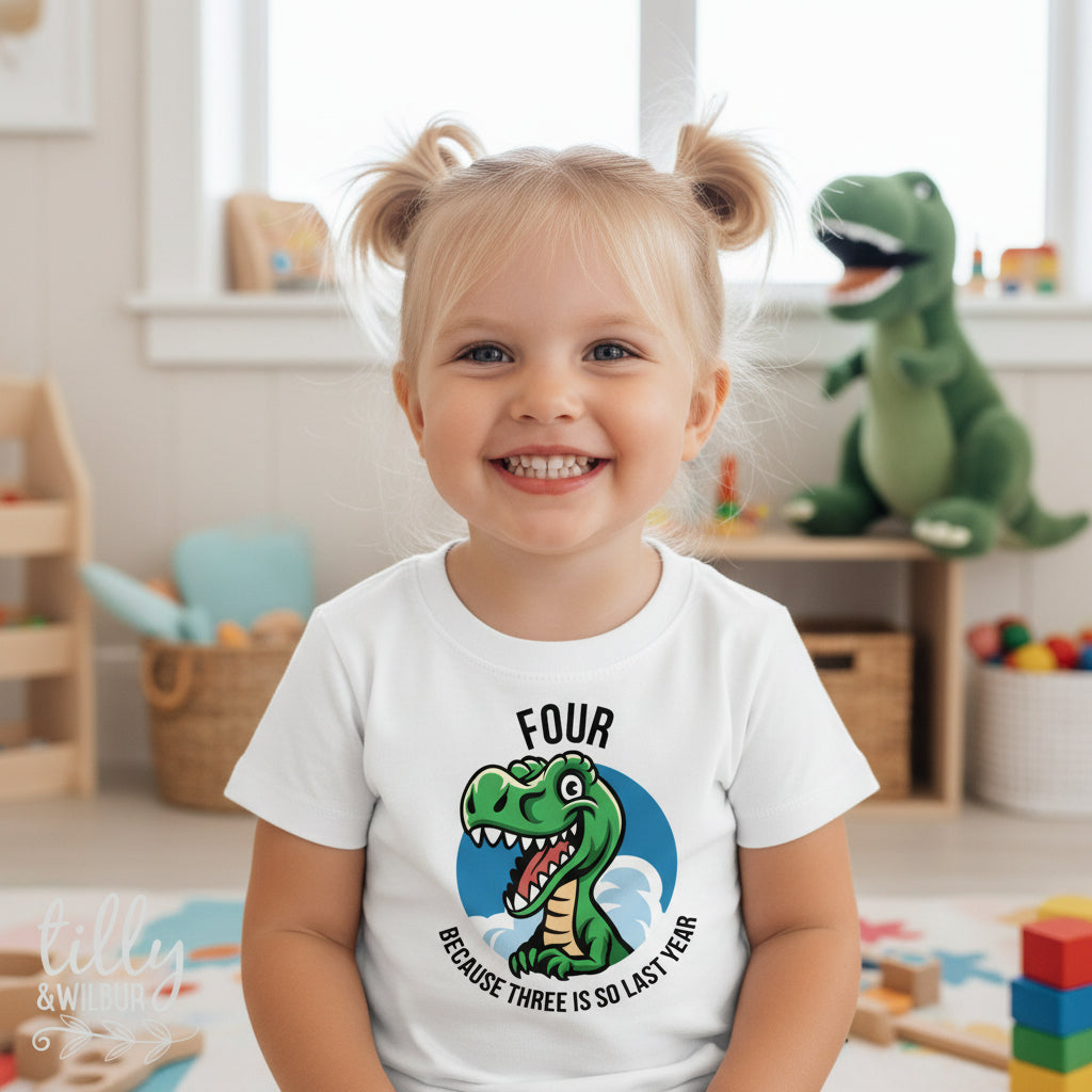 4th birthday dinosaur t-shirt with a funny T-Rex and 'three is so last year' slogan. The perfect dino party gift, printed in Australia. Wear the moment.