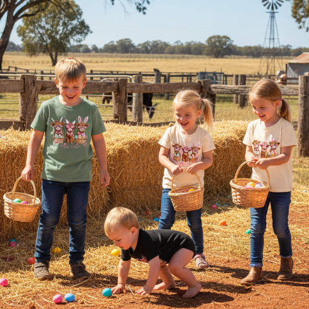Three clothing items: a beige t-shirt, a green t-shirt, and a black onesie with cartoon character design.