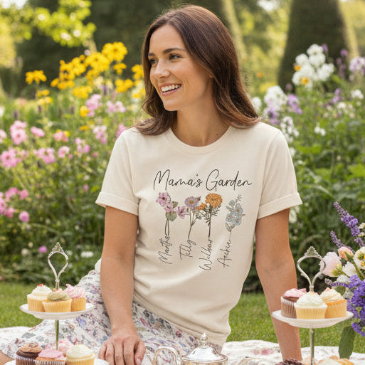 mamas garden t shirt personalised birth flower design mum gift australia floral tee
woman wearing floral mums shirt personalised names garden theme mothers day gift
custom birth flower t shirt mama garden design soft aesthetic outdoor setting australia
personalised mum shirt floral design names printed meaningful mothers day gift