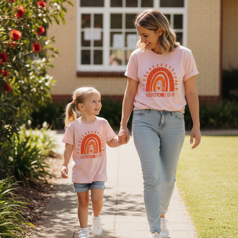 Adult and child wearing matching Harmony Day rainbow shirts outdoors