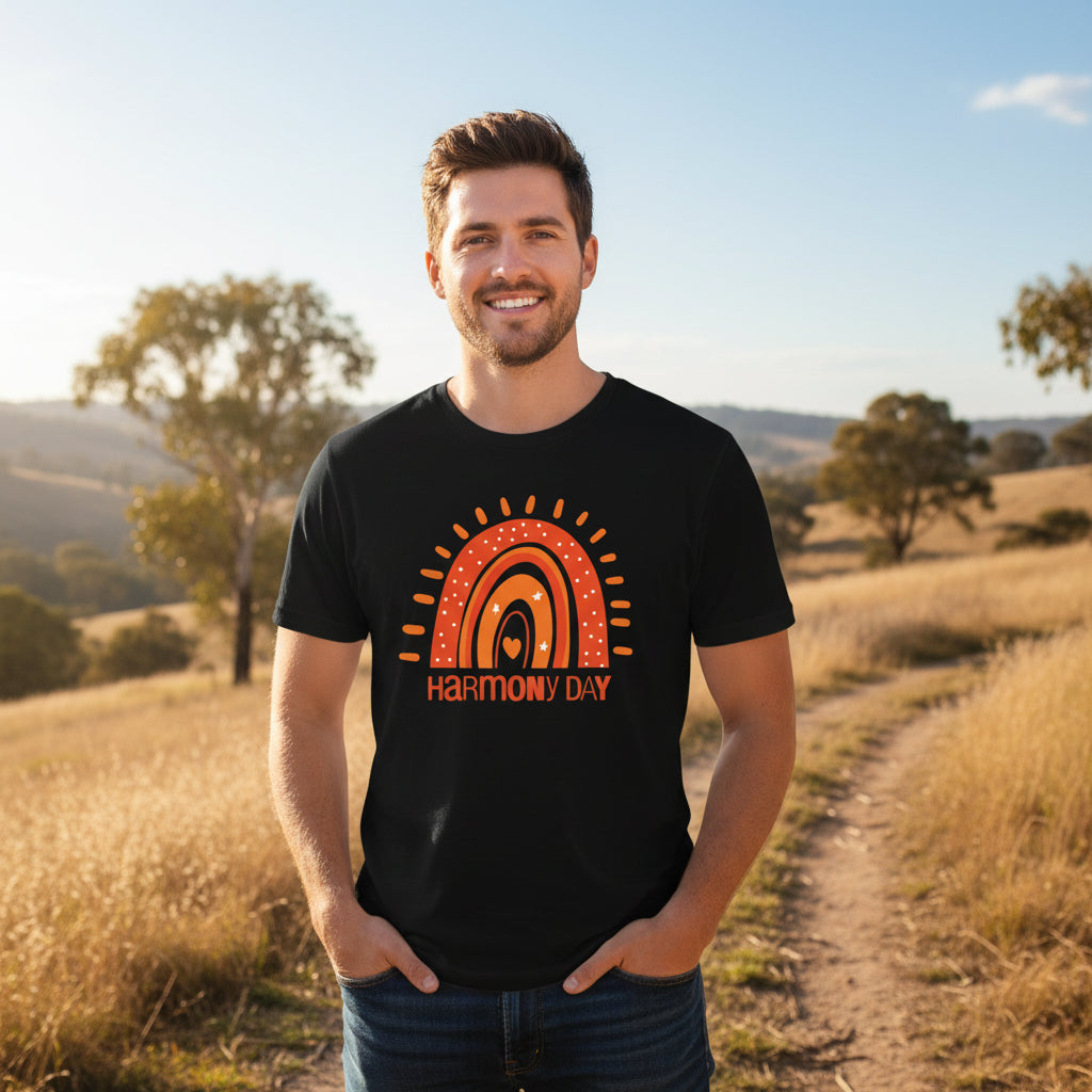 Adult and child wearing matching Harmony Day rainbow shirts outdoors