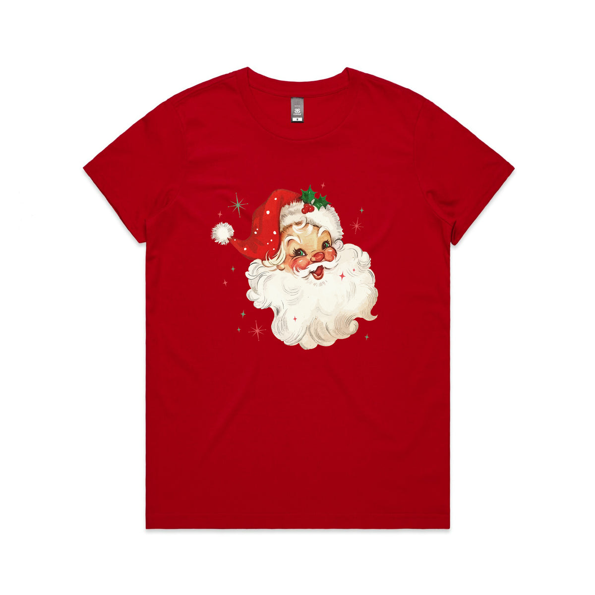 A red short-sleeve crewneck t-shirt featuring a vintage-style graphic of Santa Claus's face on the chest, complete with a white beard, red hat, and small green holly leaves.