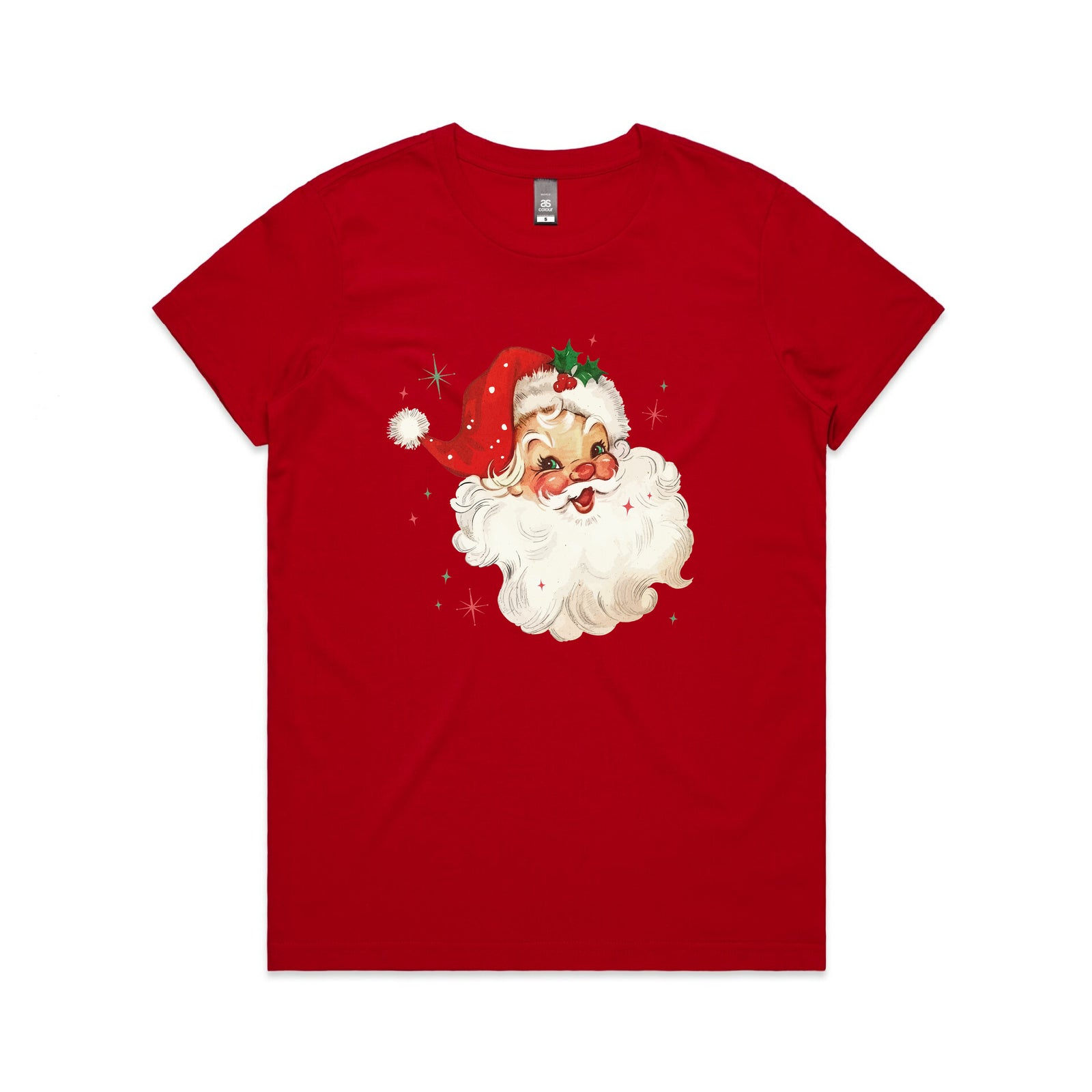 A red short-sleeve crewneck t-shirt featuring a vintage-style graphic of Santa Claus's face on the chest, complete with a white beard, red hat, and small green holly leaves.