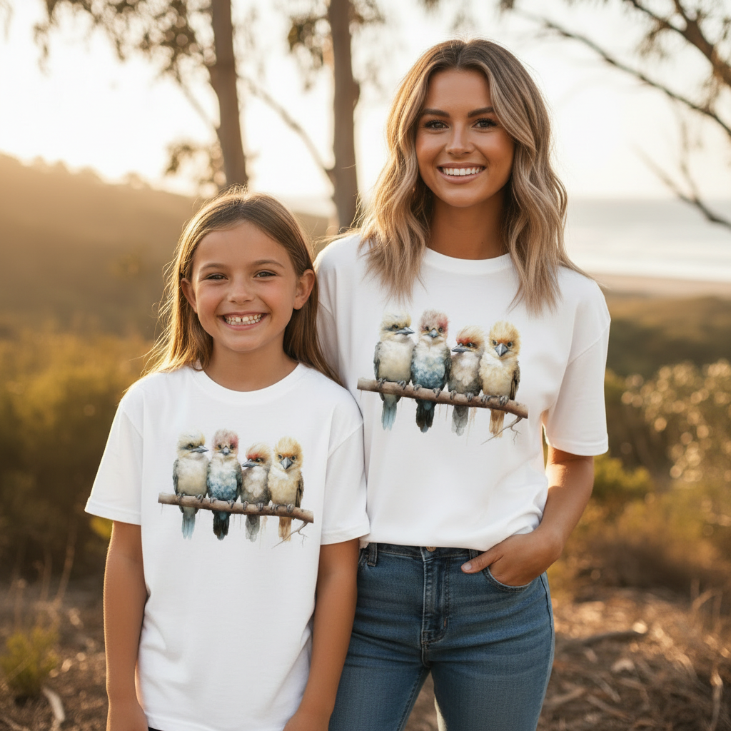 Mum and daughter standing in the Australian bush wearing white Kookaburra t-shirts with watercolour design of four kookaburras on a branch