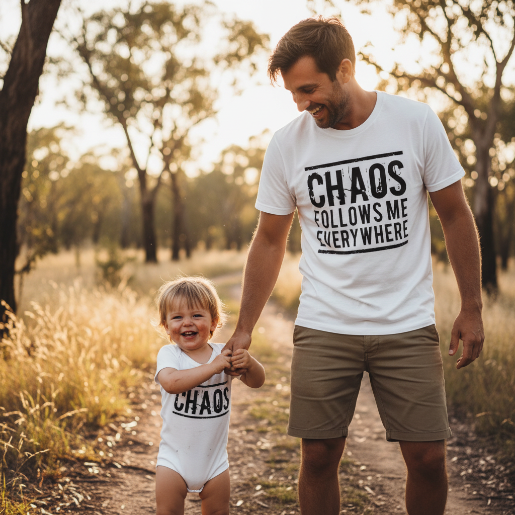 Chaos Follows Me Everywhere Matching Dad and Baby Shirts