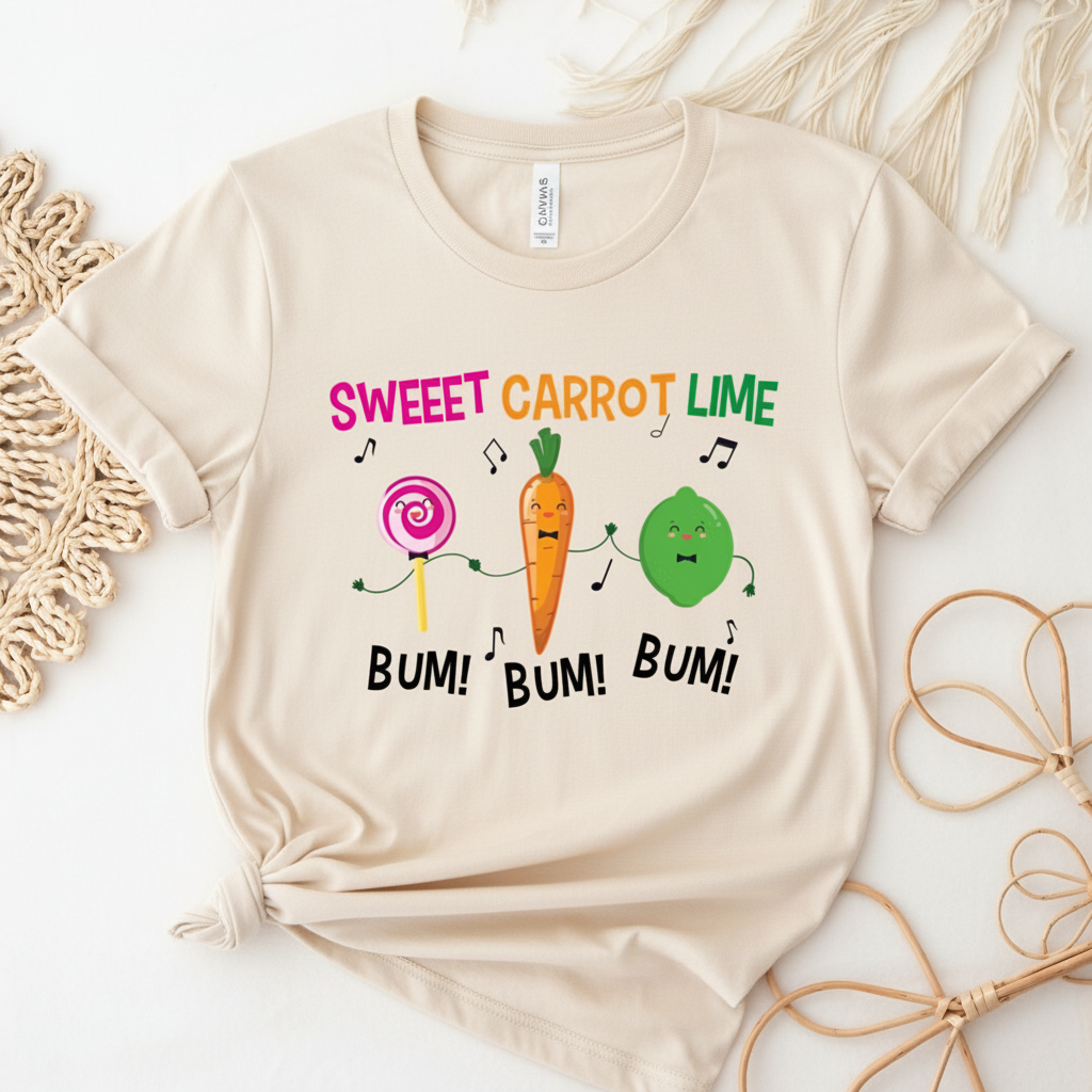 A pink t-shirt with the text 'SWEET CARROT LIME BUM BUM BUM' and graphic illustrations of a carrot and a lime.