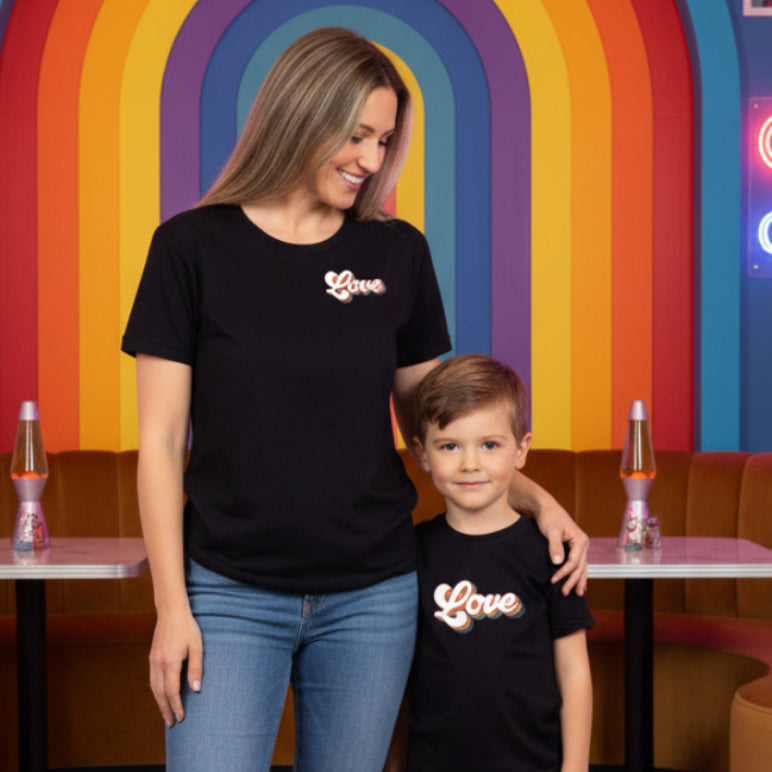 Rainbow Love Retro Graphic Tee | Matching Family Pride Shirt & Hoodie | DTF Printed