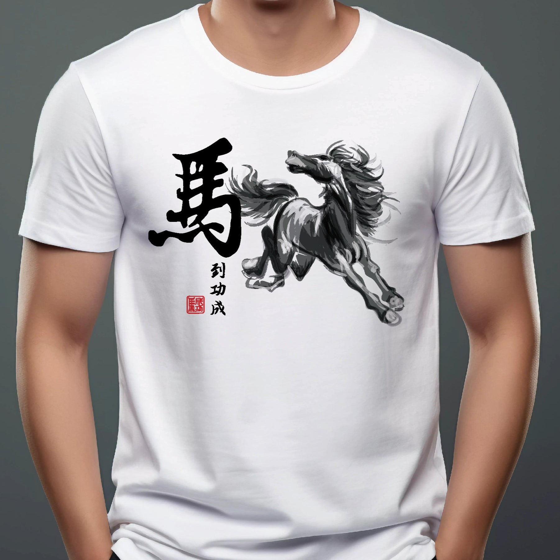 Man wearing a white t-shirt with a graphic design and Chinese characters on a gray background