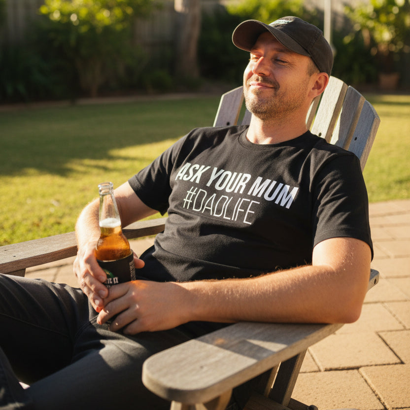 black t-shirt with ask your mum #dadlife printed in white
