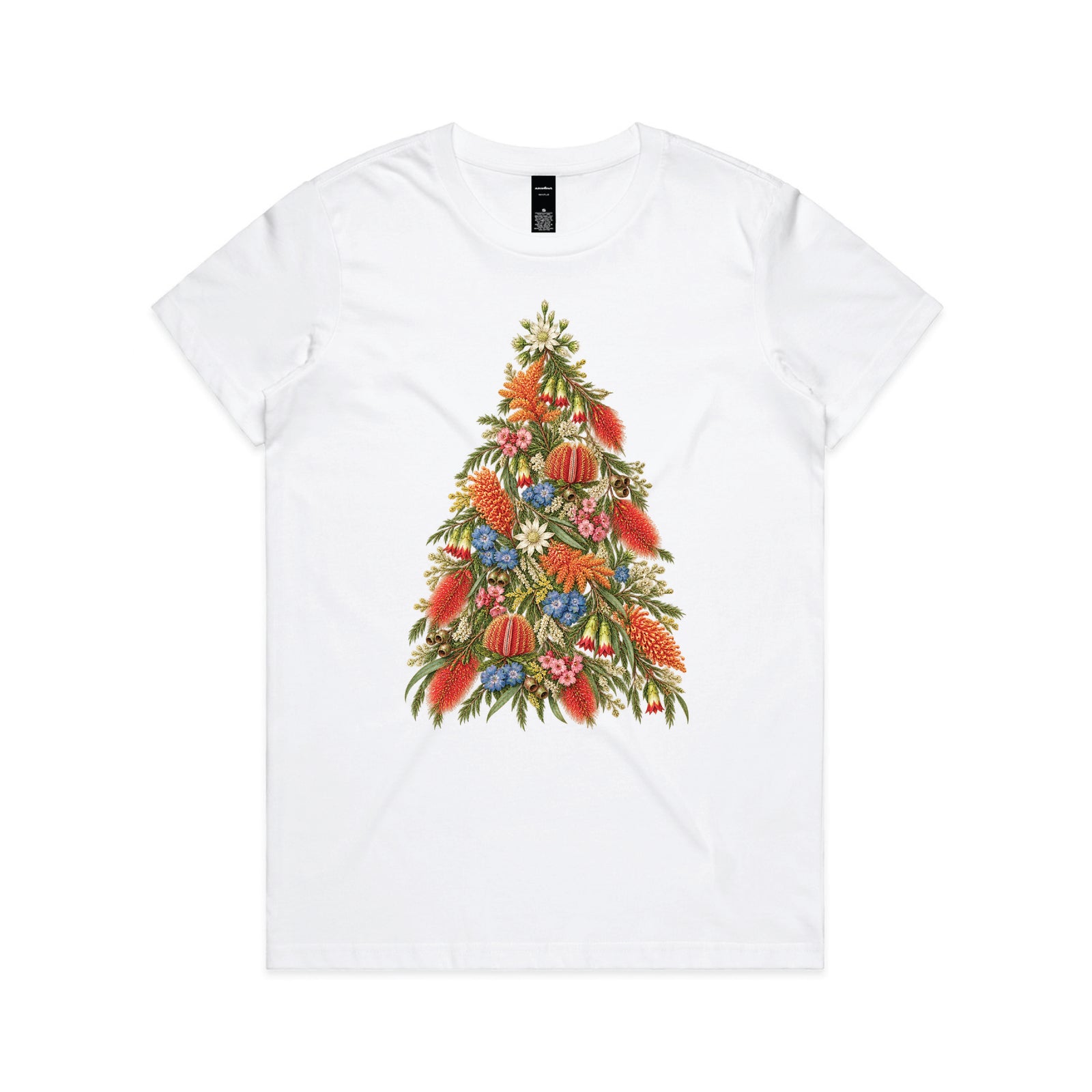 White t-shirt with a Christmas tree made from Australian native flowers including banksia, bottlebrush and flannel flowers.