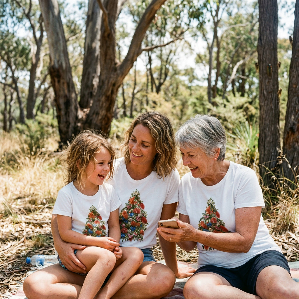 White t-shirt with a Christmas tree made from Australian native flowers including banksia, bottlebrush and flannel flowers.