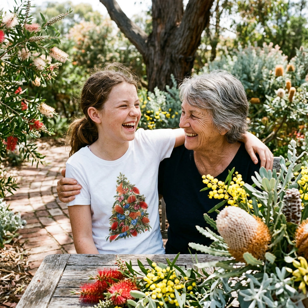 White t-shirt with a Christmas tree made from Australian native flowers including banksia, bottlebrush and flannel flowers.