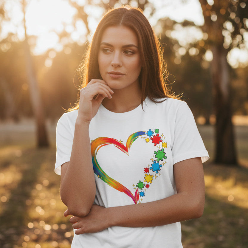 Autism awareness t-shirt Australia rainbow heart puzzle design neurodiversity support shirt white tee