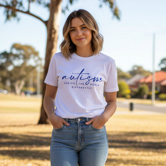 Autism awareness t-shirt Australia minimalist autism seeing the world differently teacher shirt white tee