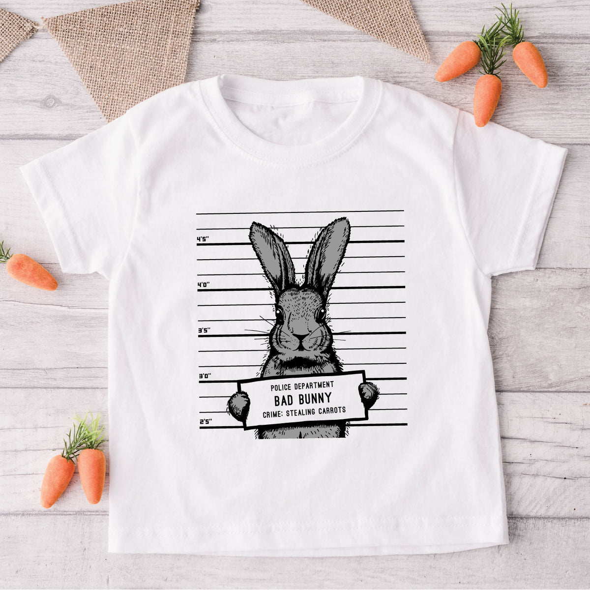 Bad Bunny Mugshot Easter Shirt | Funny Easter Bunny Kids Tee | Naughty Bunny Carrot Thief Shirt | Baby &amp; Kids Easter Outfit