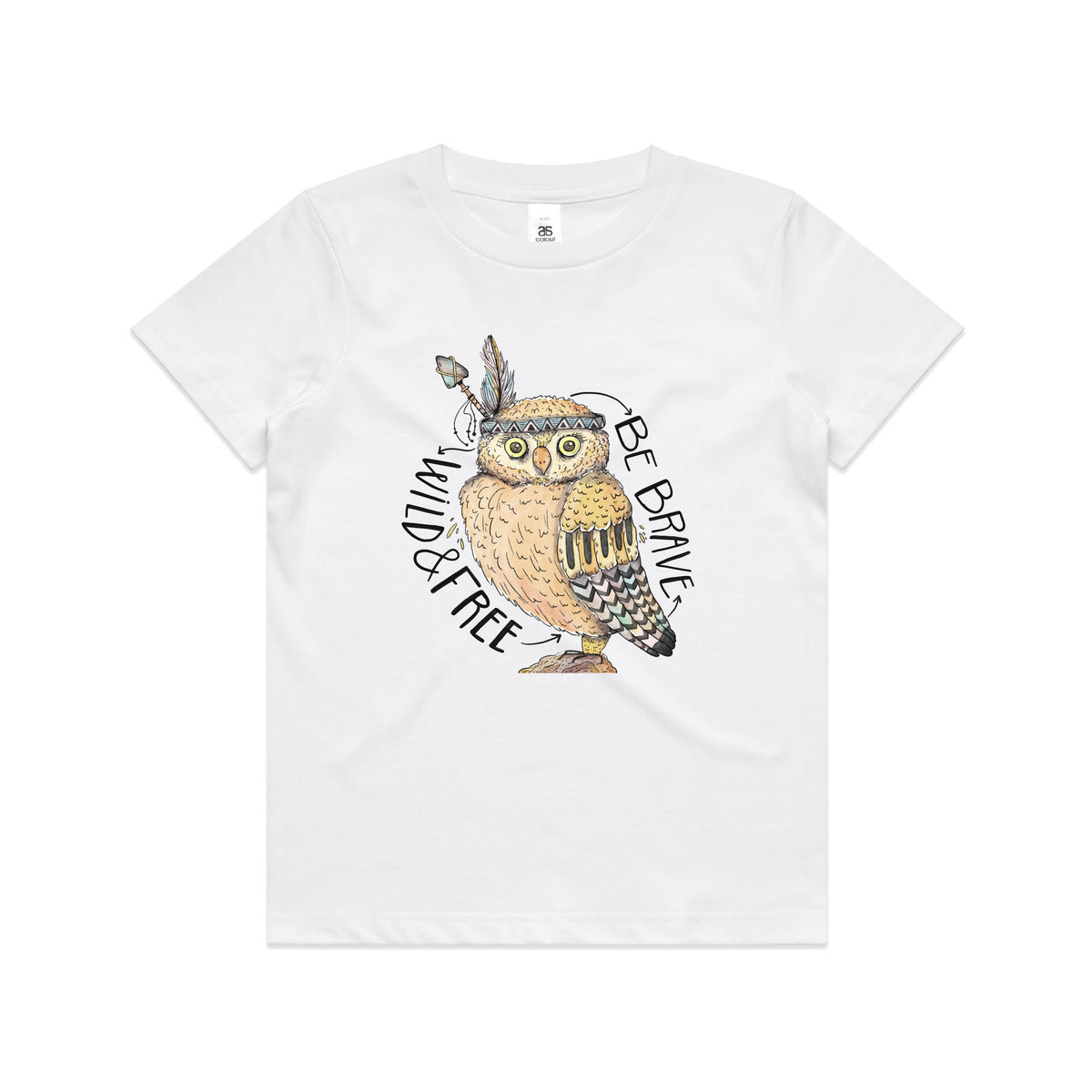 A white short-sleeve crewneck t-shirt featuring a central graphic of a brown owl wearing a feathered headdress, with the text 'BE BIRDS MATTN FREE' printed around it.