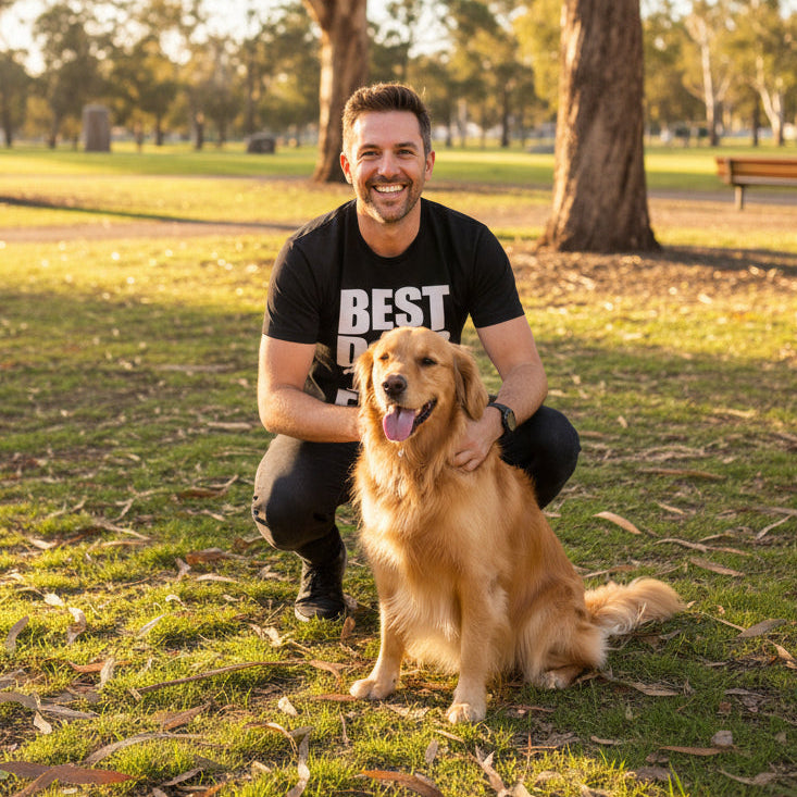 black t-shirt with a Best Dog Dad Ever design and a heart-in-the-paw print.