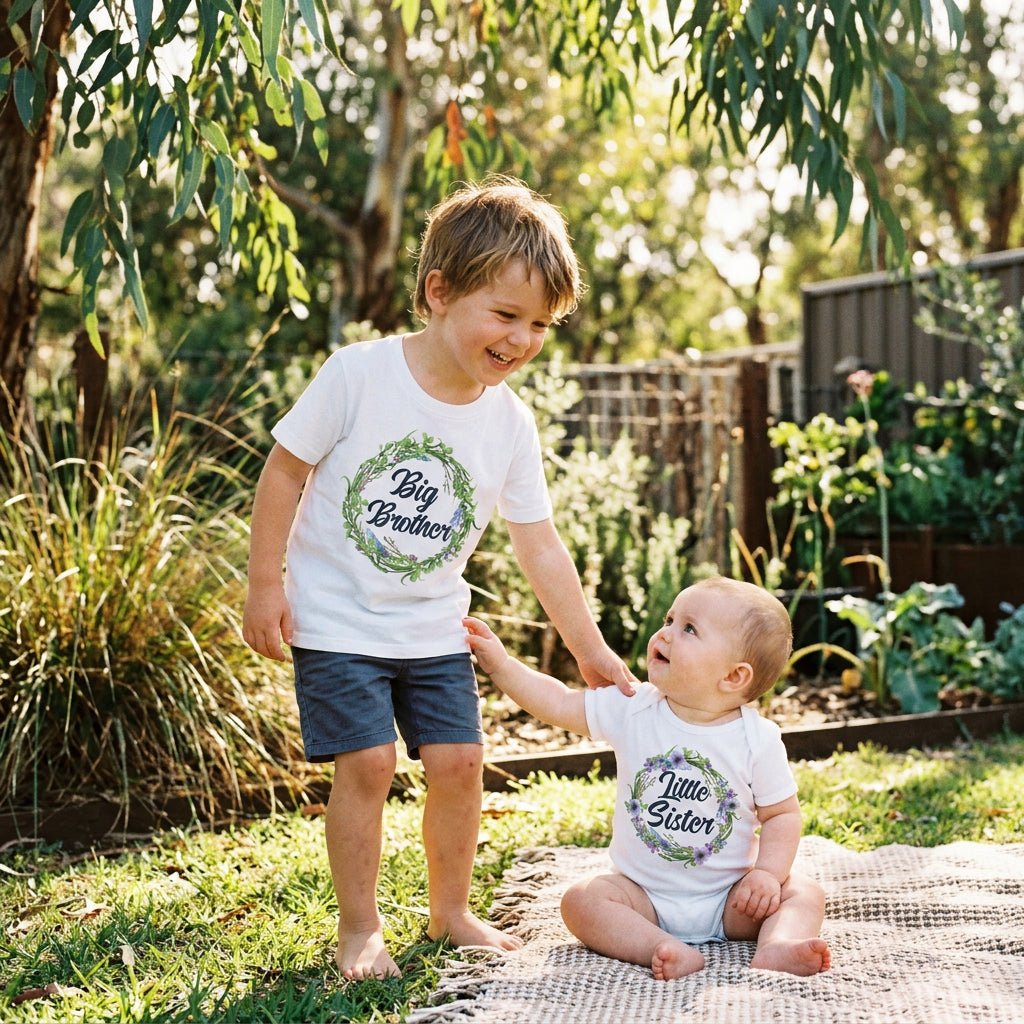 A matching baby apparel set featuring a white short-sleeve T-shirt and a white short-sleeve bodysuit. Both garments have a circular floral wreath graphic with blue birds and the text 'Big Brother' on the larger shirt and 'Little Sister' on the bodysuit.