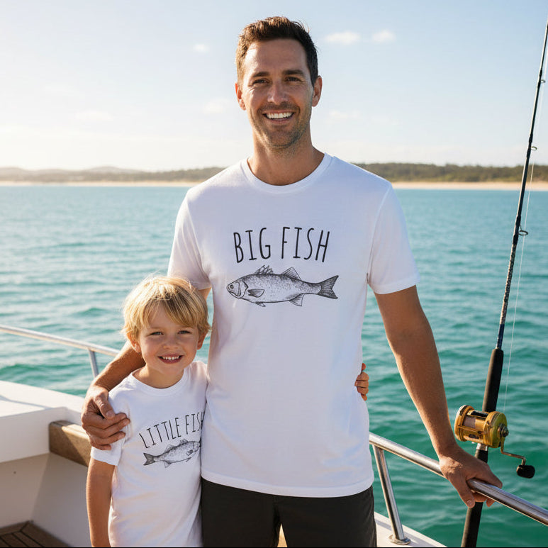 Matching Big Fish Little Fish Father's Day t-shirt and baby bodyuit set in white.