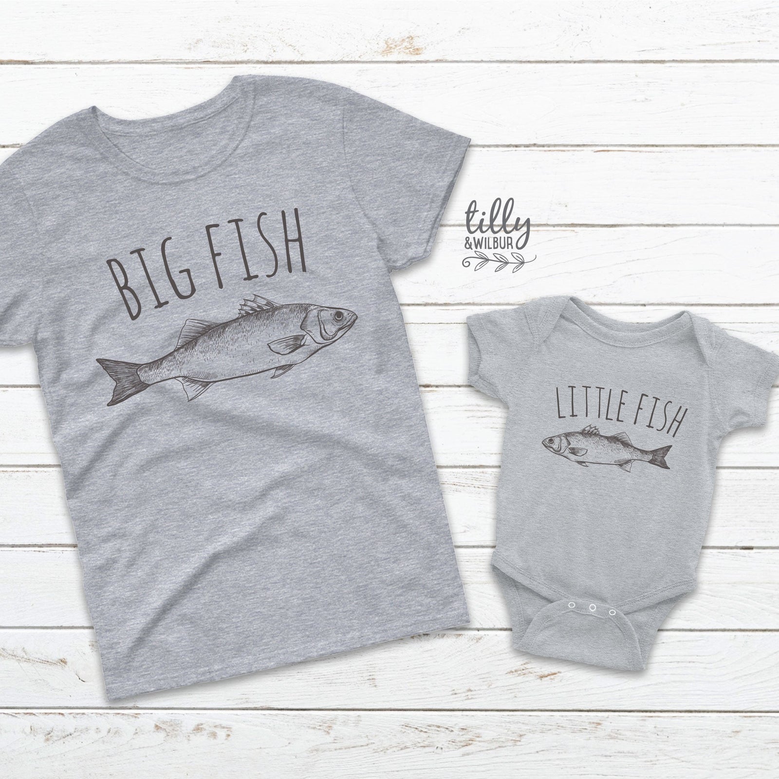 Matching Big Fish Little Fish Father's Day t-shirt and baby bodyuit set in grey