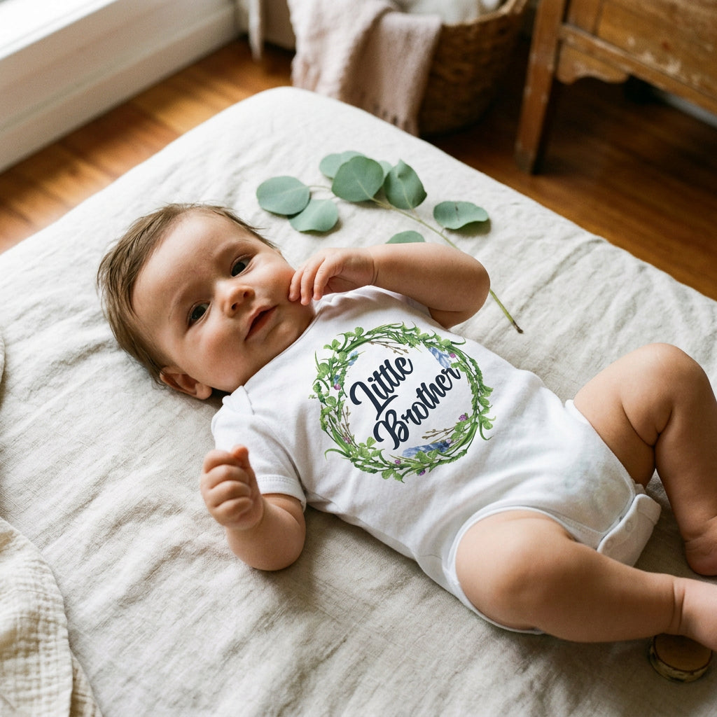 A white short-sleeve baby bodysuit laid flat on a light background, featuring a green leaf wreath graphic with the words 'Little Brother' in navy script. The bodysuit is styled with a beige textured cloth, green eucalyptus leaves, and small wood slices.