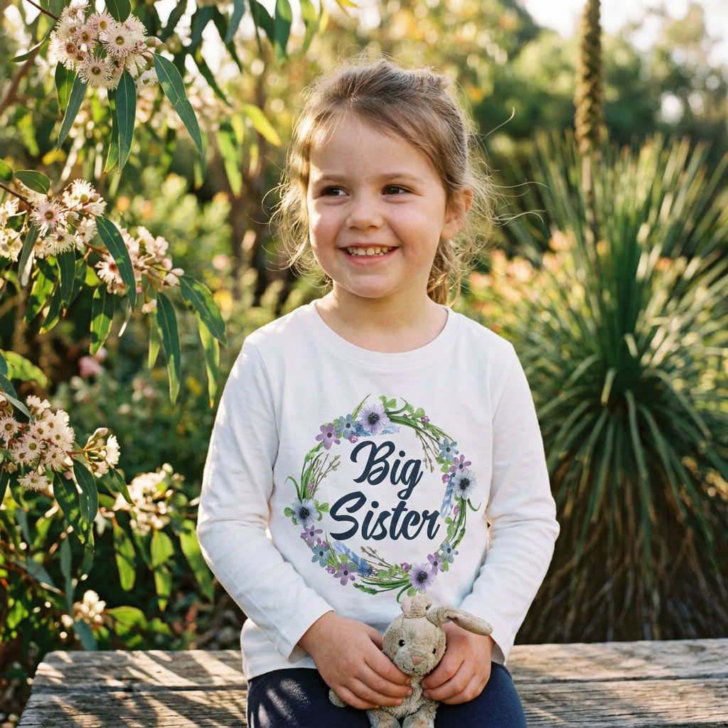 A white long-sleeve t-shirt with a 'Big Sister' graphic featuring a green and purple floral wreath on a clean white background.