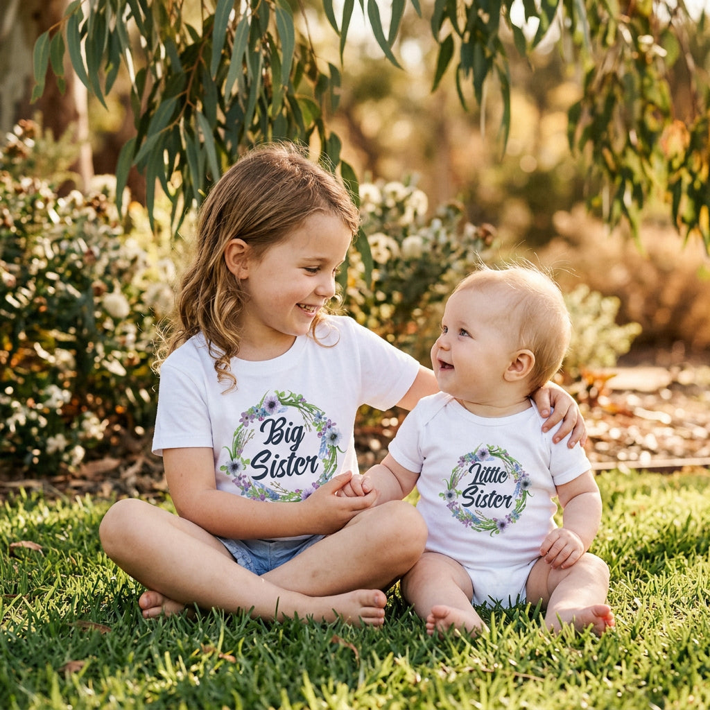 A matching baby apparel set featuring a white short-sleeve t-shirt and a white short-sleeve bodysuit. Both garments are printed with a circular floral wreath design in green, purple, and blue, with the text 'Big Sister' on the larger shirt and 'Little Sister' on the bodysuit.