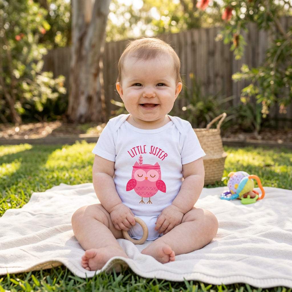 A white short-sleeve baby bodysuit featuring a pink cartoon owl graphic and the text 'LITTLE SISTER' in pink on the chest, displayed flat against a white background.