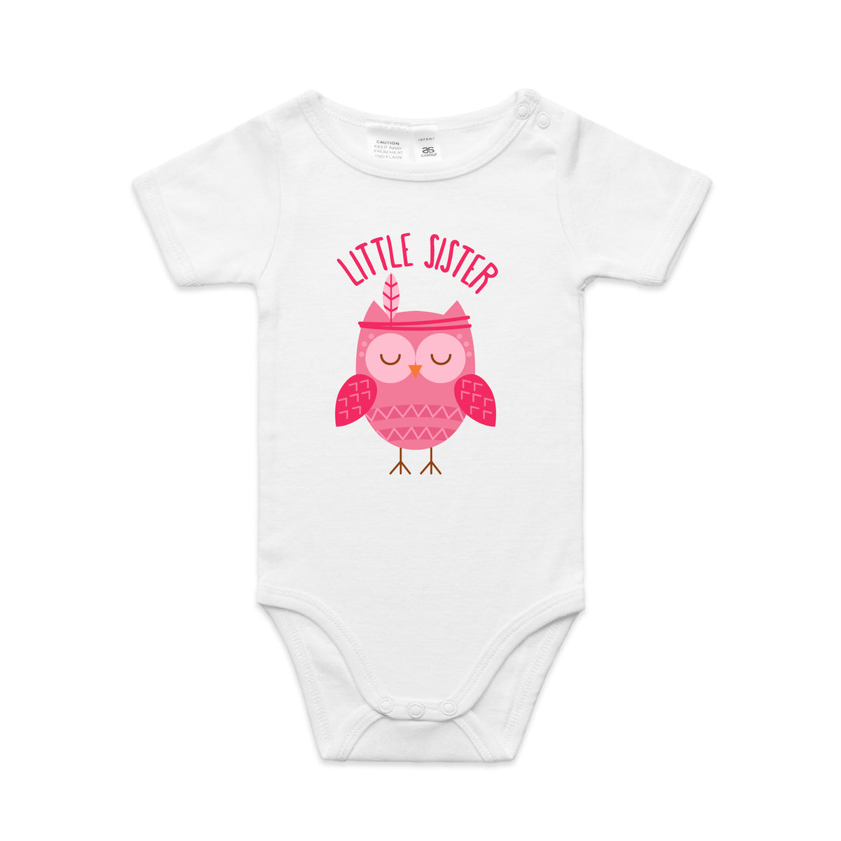 A white short-sleeve baby bodysuit featuring a pink cartoon owl graphic and the text 'LITTLE SISTER' in pink on the chest, displayed flat against a white background.