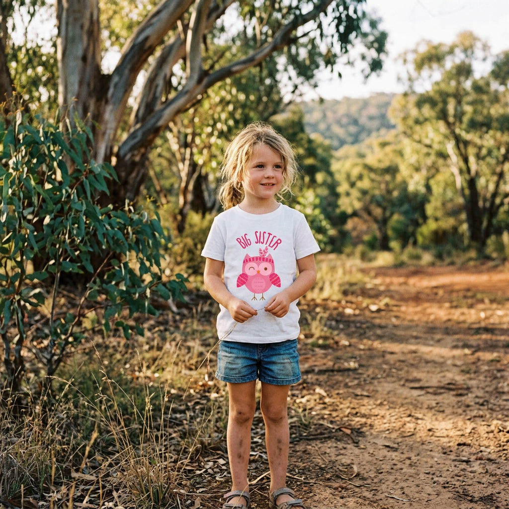 A white short-sleeve crewneck t-shirt featuring a pink graphic of a cartoon owl wearing a knit hat, with the text 'BIG SISTER' printed above it in pink.