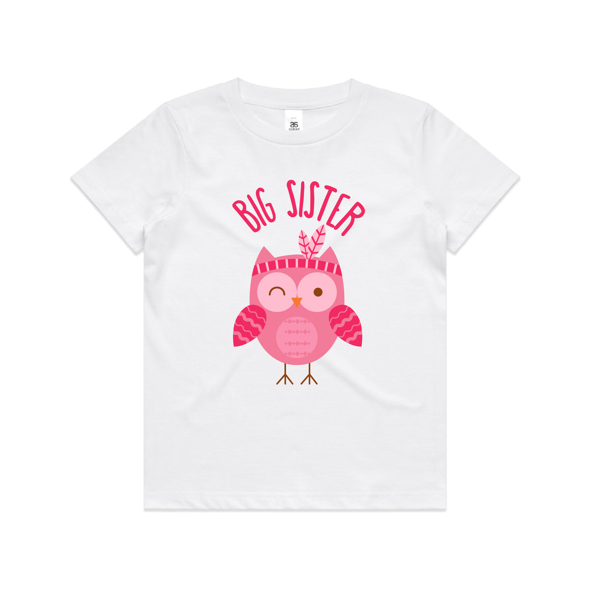 White girls t-shirt reading Big Sister with a pink owl.